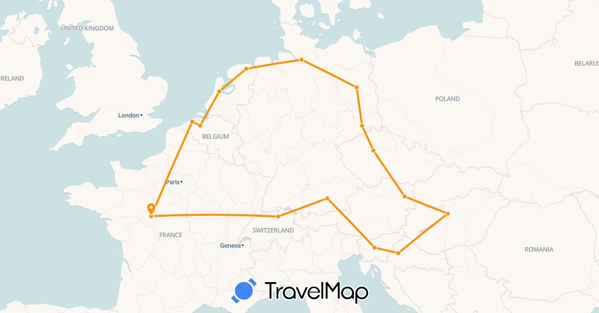 TravelMap itinerary: driving, hitchhiking in Austria, Belgium, Switzerland, Czech Republic, Germany, France, Croatia, Hungary, Netherlands, Slovenia (Europe)
